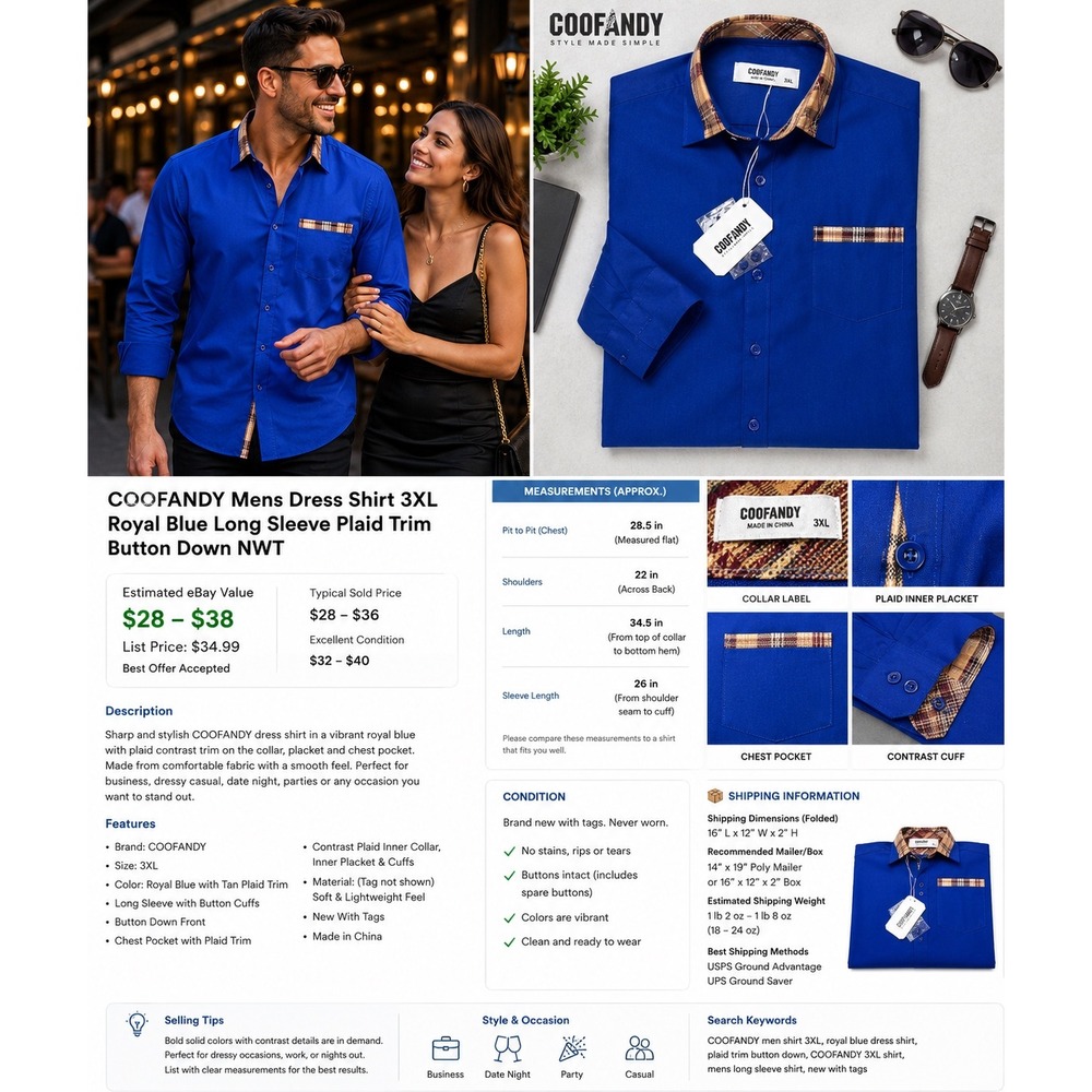 COOFANDY Men's Dress Shirt 3XL Royal Blue Long Sleeve Plaid Trim Button Down NWT
